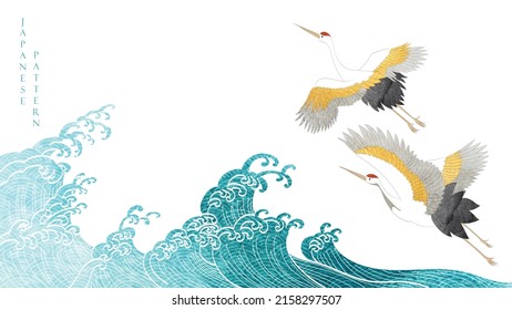 Crane birds vector. Japanese background with blue and grey texture painting texture. Oriental natural wave pattern with ocean sea decoration banner design in vintage style