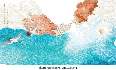 Crane birds vector. Japanese background with blue watercolor texture painting texture. Oriental natural wave pattern with ocean sea decoration banner design in vintage style. Floral pattern element.