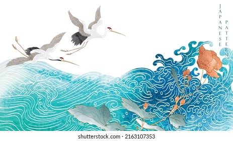 Crane Birds Vector. Japanese Background With Watercolor Texture Painting Texture. Hand Drawn Wave Pattern With Ocean Sea Decoration Banner Design In Vintage Style. Floral Pattern Element.