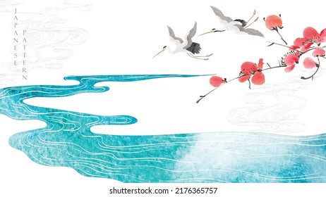 Crane birds vector. Japanese background with watercolor painting texture. Oriental natural wave pattern with ocean sea decoration banner design in vintage style. Floral element. Cherry blossom flower.