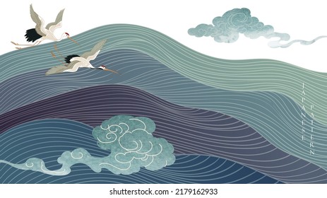 Crane birds vector. Japanese background Oriental natural wave pattern. Ocean sea decoration banner design in vintage style. Chinses cloud pattern