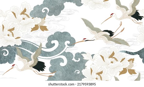 Crane birds vector. Japanese background with blue watercolor texture. Oriental natural wave seamless pattern with chinese cloud decoration banner design in vintage style. Peony floral pattern element.