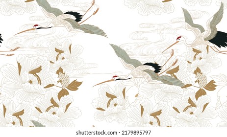 Crane birds vector. Japanese background with Oriental natural wave pattern with Peony flower decoration banner design in vintage style. Floral pattern element.