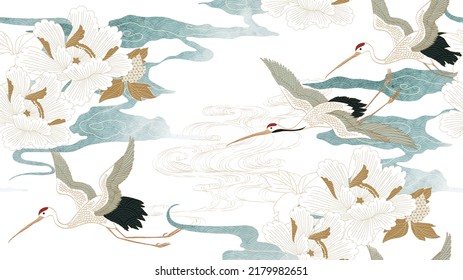 Vector de aves de corral. Fondo japonés con textura acuarela. Patrón de ondas naturales orientales sin fisuras con diseño de banner de decoración en nube china de estilo vintage. Elemento de patrón floral peony