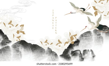 Vector de aves de corral. Fondo japonés con textura de pintura de color agua. Patrón oriental de olas naturales con decoración oceánica de banner de estilo vintage. Patrón floral peony