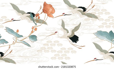 Crane birds vector. Japanese background with watercolor texture painting texture. Oriental natural wave pattern with hand drawn line wave sea banner design in vintage style. Floral pattern element.