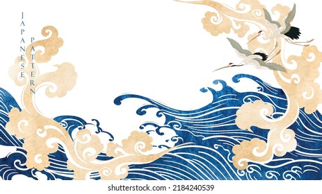 Crane birds vector. Japanese background with blue watercolor texture painting texture. Oriental natural wave pattern with hand drawn ocean sea decoration banner design in vintage style. 