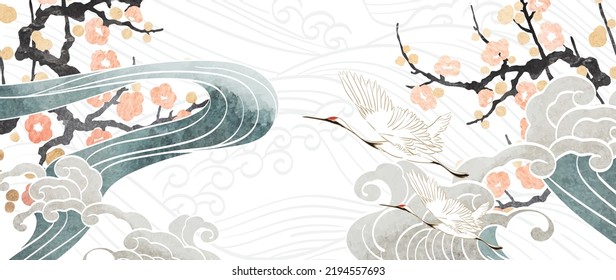 Crane birds vector. Japanese background with watercolor  painting texture. Oriental natural hand drawn wave pattern with ocean sea decoration banner design in vintage style. Floral pattern element.