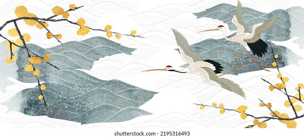 Vector de aves de corral. Fondo japonés con textura de pintura de color azul. Patrón oriental de olas naturales con decoración oceánica de banner de estilo vintage. Elemento de patrón floral dorado