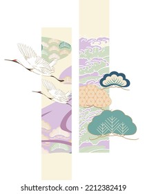 Crane birds vector. Japanese background with bonsai tee vector. Oriental natural pattern with ocean sea decoration banner design in vintage style. Japanese pattern element