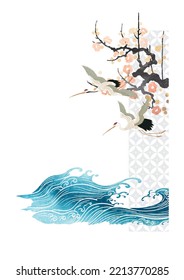 Crane birds vector. Japanese background with watercolor texture painting texture. Oriental natural wave pattern with ocean sea decoration banner design in vintage style. Cherry blossom pattern element