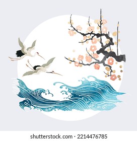 Crane birds vector. Japanese background with watercolor painting texture. Oriental natural wave pattern with ocean sea decoration banner design in vintage style. Cherry blossom floral pattern element