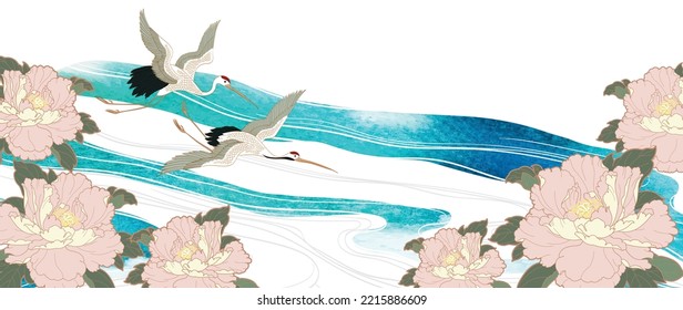 Crane birds vector. Japanese background with blue watercolor  painting texture. natural wave pattern with ocean sea decoration banner design in vintage style. Peony floral pattern element