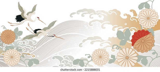 Crane birds vector. Japanese background with hand drawn wave. natural pattern with ocean sea decoration banner design in vintage style. Chrysanthemum floral pattern element