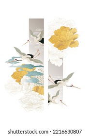 Crane birds vector. Japanese background with Gold peony flower pattern vector. Chinese cloud eleemnt in vintage style. Geometric object with floral banner design.