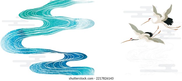 Crane birds vector. Japanese background with bluwatercolor texture painting texture. Oriental natural wave pattern with ocean sea decoration banner design in vintage style. Crane birds element.