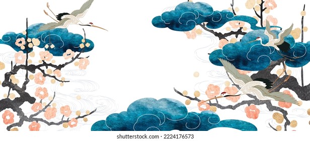 Crane birds vector. Japanese background with watercolor painting texture. Oriental natural cloud pattern with cherry blossom branch banner in vintage style. Cherry blossom floral pattern element - Shutterstock ID 2224176573