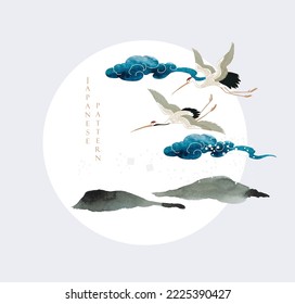 Crane birds vector. Japanese background with watercolor painting texture. Oriental natural wave pattern with mountain and chinese cloud decoration banner in vintage style. 