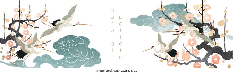 Crane birds vector. Japanese background with watercolor texture painting texture. Oriental natural pattern with chinese cloud decoration banner design in vintage style. Branch of floral pattern.