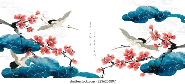 Crane birds vector. Japanese background with watercolor painting texture. Oriental natural Chinese cloud pattern with banner in vintage style. Cherry blossom floral pattern element