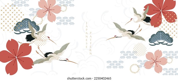 Crane birds vector. Japanese background with Natural Chinese cloud pattern with banner in vintage style. Cherry blossom floral pattern and bonsai tree element.