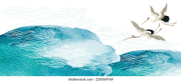 Crane birds vector. Japanese background with watercolor texture painting element vector. Asian natural wave pattern with ocean sea decoration banner design in vintage style. Marine template