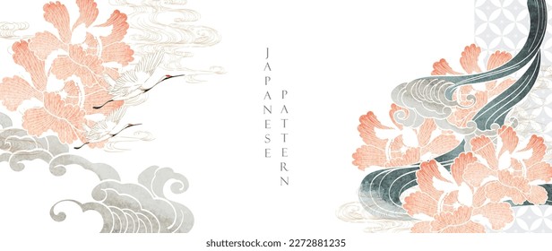 Crane birds vector. Japanese background with watercolor  painting texture. Oriental natural hand drawn wave pattern with ocean sea decoration banner design in vintage style. Floral pattern element.