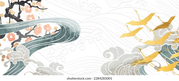 Crane birds vector. Japanese background with watercolor  painting texture. Oriental natural hand drawn wave pattern with ocean sea decoration banner design in vintage style. Floral pattern element.