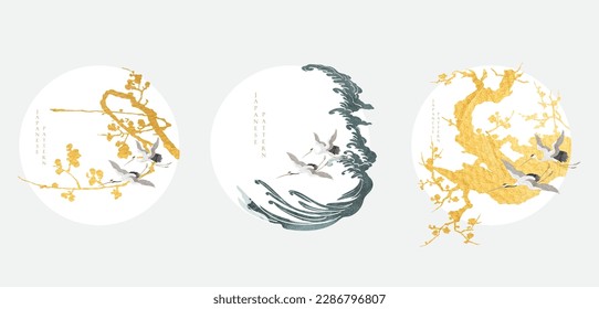 Crane birds vector. Japanese background with watercolor painting texture. Oriental natural cloud pattern with tree and flower  branch icon in vintage style. Cherry blossom floral pattern element