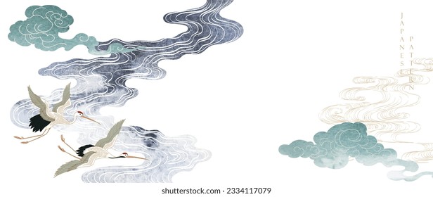 Crane birds vector. Japanese background with watercolor texture painting texture. Oriental natural wave and cloud pattern with ocean decoration banner design in vintage style. River pattern element.