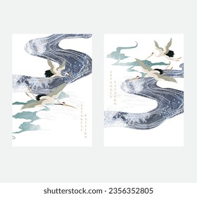 Crane birds vector. Japanese background with watercolor texture painting texture. Oriental natural wave pattern with ocean sea decoration banner design in vintage style. Chinese cloud template.