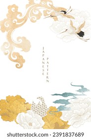 Crane birds vector. Japanese background with watercolor texture painting texture. Oriental natural wave and Chinese cloud pattern with ocean decoration banner design in vintage style.