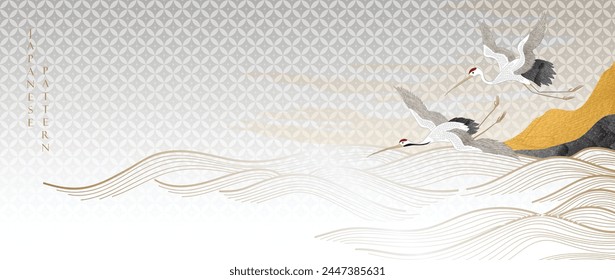 Vector de grúas. Fondo japonés con textura de pintura de acuarela. Patrón de onda dibujado a mano natural oriental con diseño de Anuncio de decoración oceánica en estilo vintage. Elemento de patrón de río.