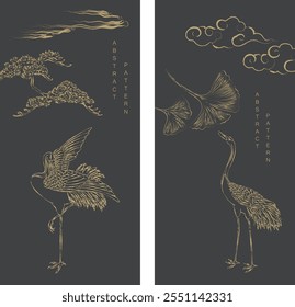 Crane birds vector. Japanese background texture in vintage style. Oriental natural and Chinese cloud and bamooo with ginkgo leaves pattern banner design in vintage style. 