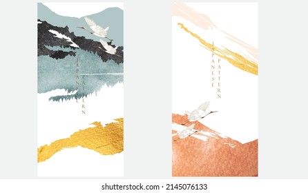 Crane birds vector. Landscape background with Abstract art template. Mountain forest layout design with watercolor texture in oriental style. Invitation card des