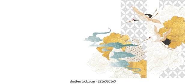 Crane birds vector.Peony floral pattern element in Japanese style background. Watercolor texture with Oriental natural wave pattern with chinese cloud decoration . Geometric pattern. 