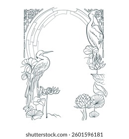 crane birds water lily vector nature frame line artistic