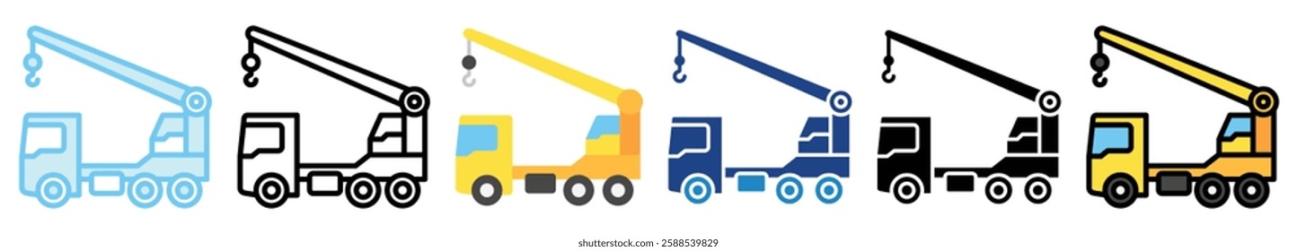 Crane Boom multi style, mini illustration icon. outline, flat, glyph, line color, UI, UX, app and web, digital or print. related to heavy machinery, industry, road construction theme