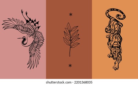 Crane, branch with leaves and tiger. Surface animalistic background. illustration for fabric, wallpaper, cover, cards, pet products and other. - Vector