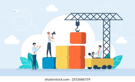 Crane building blocks. Business graphic, company is engaged in joint construction of column graphs, rise career to success. The path to the target's achievement. Vector illustration