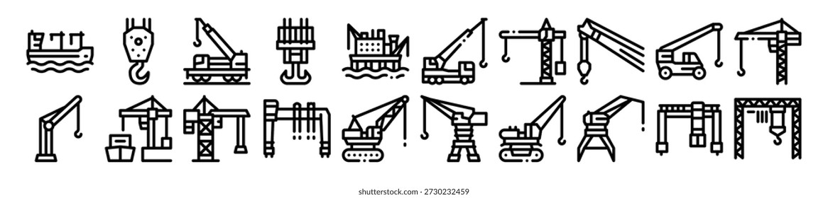 Vector de conjunto de iconos de Colección de máquina de construcción de grúa. Construcción del puerto de la grúa para descargar el barco y la torre para la casa de la construcción, pictogramas lineales del concepto del peso de elevación. Ilustraciones de contorno