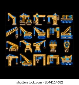 Crane Building Machine neon light sign vector. Icono brillante Construcción De Puerto De Grúa Para Descarga De Barco Y Torre Para Casa De Construcción, Ilustraciones De Peso Levante