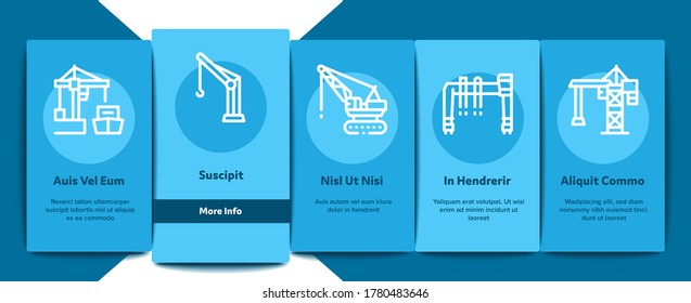 Crane Building Machine Onboarding Mobile App Page Screen Vector. Crane Port Construction For Unloading Ship And Tower For Build House, Lifting Weight Illustrations