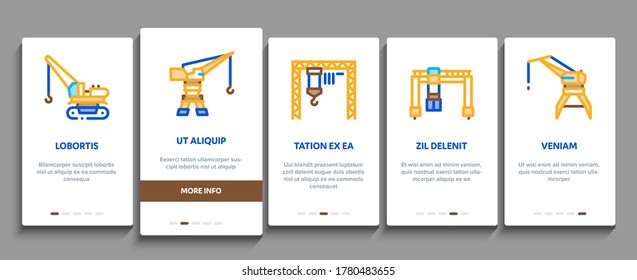 Máquina de construcción de grúas en el Vector de pantalla de aplicación móvil. Construcción De Puertos De Grúa Para Descarga De Buques Y Torre Para Construcción De Viviendas, Ilustraciones De Peso Levantante
