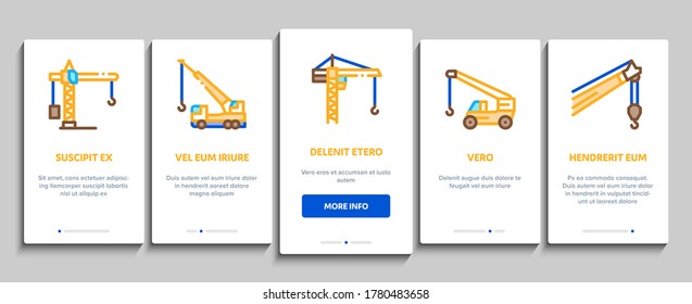 Máquina de construcción de grúas en el Vector de pantalla de aplicación móvil. Construcción De Puertos De Grúa Para Descarga De Buques Y Torre Para Construcción De Viviendas, Ilustraciones De Peso Levantante