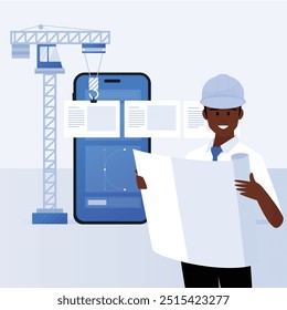 Crane building mobile app and architect  developer manager. UX, UI design, software, website is under construction, flat vector illustration