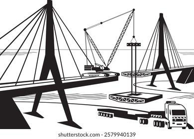 Crane building suspended bridge - vector illustration