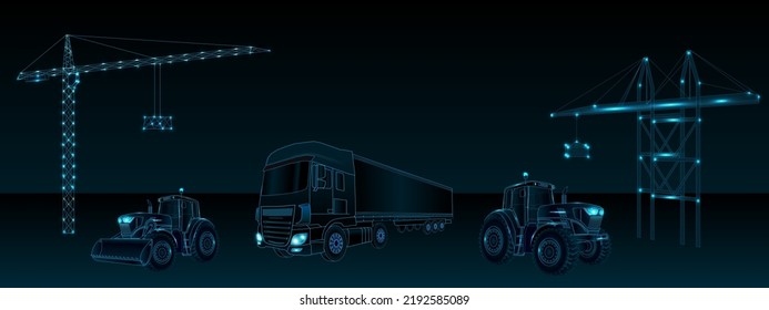 Crane, bulldozer, truck, tractor collection vector illustration. Industrial and construction vehicles set.