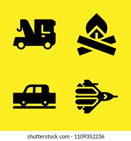 crane, car, bonfire and jet plane vector icon set. Sample icons set for web and graphic design