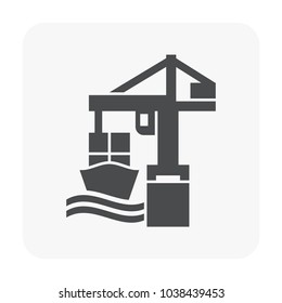 Crane and cargo ship icon on white.